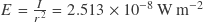 E = \frac{I}{r^2} = 2.513 \times 10^{-8} \, \mathrm{W} \, \mathrm{m}^{-2}